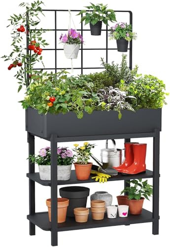 FOYUEE Metal Raised Garden Bed with Trellis & 2-Tier Storage Shelf, Elevated Planter Box with Legs -Includes 3 Flower Pots, Outdoor Vertical Garden for Vegetables Herbs Climbing Plants Patio Balcony