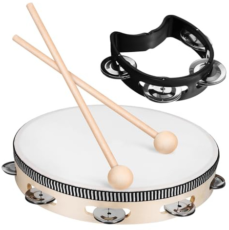 10 Zoll Tamburin Instrument 1 Satz mit 2 Holzkellen und 1 Handglocke | Erwachsene und Anfänger, Vielseitig für Auftritte, Holz, Polyharz, Metall, Kunststoff