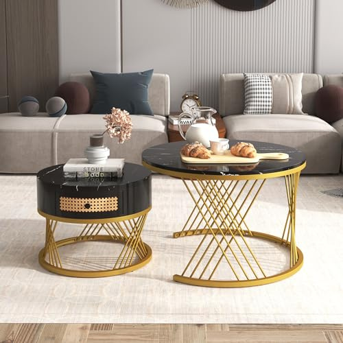 ModernLuxe 2-in-1 Coffee Table, Multi-functional Side Table with Marble Grain Veneer Top, Rattan Drawers, Solid Wood Handles, Gold Coloured Iron Legs, Round Nest of Tables for Living Room, Black