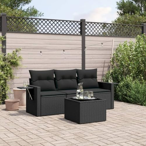 ShGaxin Gartensofa-Set 4-teilig mit schwarzen Kissen aus Polyrattan, Gartenmöbel-Set, Outdoor-Sofa-Set, Loungeset für den Außenbereich, 3252202