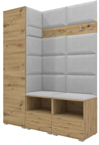 RAVIO Flurgarderobe 150 cm Ink. Schuhschrank mit Sitzbank, Garderobe Set mit Garderobenpaneel, Wandpolster & Push to Open Türen - Artisan Eiche/Wandpaneel Hellgrau