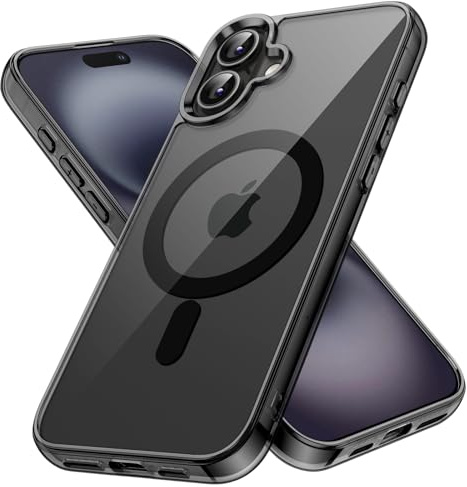 JETech Magnetische Hülle für iPhone 16, Schwarz | Kompatibel mit MagSafe, Stoßfeste Handyhülle, Kratzfest, Transparente Rückseite