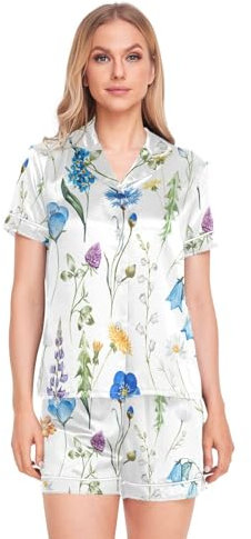 Foiosoh Women Silk Satin Pajamas Set Short Sleeve Sleepwear Campanula Flower Soft Loungewear Button-Down Pj Sets S-XXL, Campanula Flower White, L