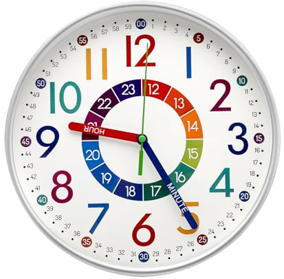TNSLAND Orologio da parete per bambini, con numeri colorati, orologio da parete silenzioso, silenzioso, per bambini, per l'educazione precoce, casa, soggiorno, cameretta dei bambini