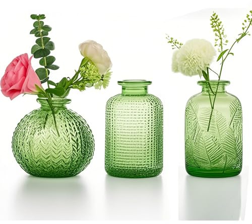 Kleine Vasen für Blumen EylKoi-3pcs/set Bud Vase Glas Grün Verschiedene Formen, Vintage Hochzeit Dekor, Bud Vasen in Bulk Vasen für Mittelstücke Kleine Glas Single Flower Vasen HomeEventsTable, 2#