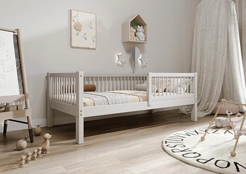 TIMBEE - Alfi - Kinderbett 70x140 cm - Bett Grau - Einzelbett für Kinder mit Lattenrost und Rausfallschutz Abnehmbar - Hohe Beine - Belastbar bis 100 kg - aus Kiefernholz Klasse 1