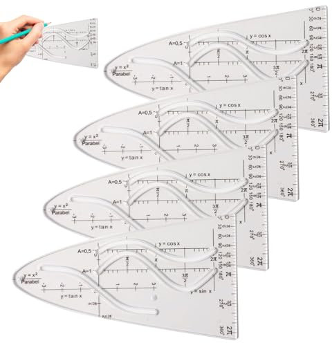 4 Stück Parabelschablone Mathe, Kurvenschablone, Parabel Lineal, Normalparabel Schablone, Geometrie Kurvenschablone Lineal, Für Studenten Büro Designer Malerei, Cosinus Tangens