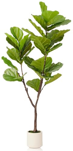 Higuera artificial de hoja de violín, planta de ficus lyrata sintética de 5 pies con hojas realistas, árbol de decoración realista del hogar en elegante maceta para interiores, oficina, sala de estar,