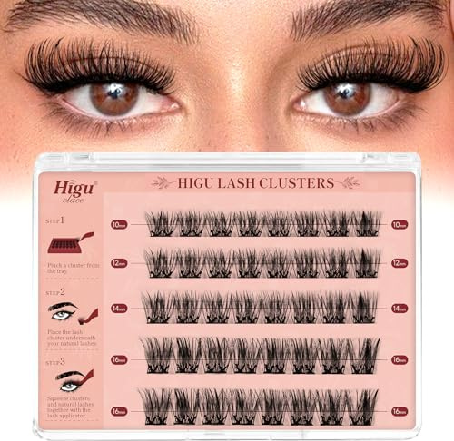 Higu clace Pre-glued-Eyelashes Natural Look, Self -Adhesive-Cluster Mix10-16mm, Pre Glued Cluster Lashes Reusable No Glue Press On Lashes Easy to Use at Home (Natural)