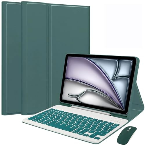 HEKUEUN Keyboard Case for iPad 10,2 tum 9e/8e/7e Generationen (2021/2020/2019) iPad Air 3/iPad Pro 10,5 tum med mus Magnetiskt löstagbart Bluetooth-tangentbord med pennhållare,Green