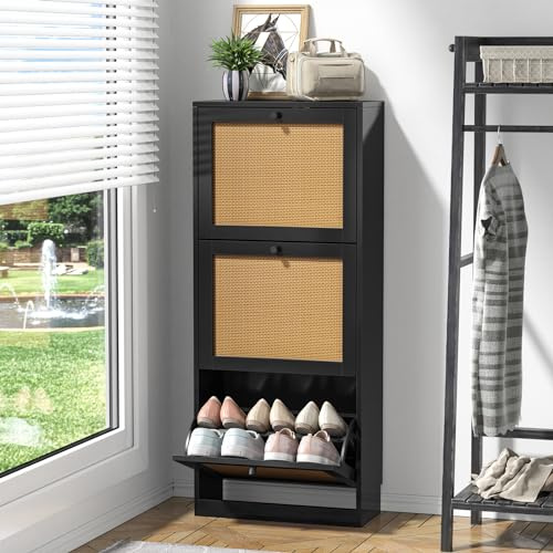 Yvsevnr Schuhschrank mit 3 Rattan Klappen Holz Schuhkommode Flur