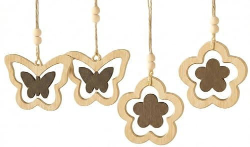 mobiles 4er Set Fensterschmuck hängend aus Holz Schmetterlinge & Blumen
