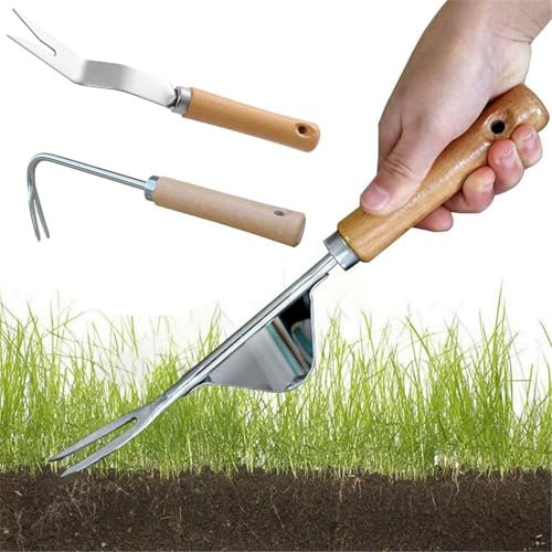 BAOSROY Désherbeur Manuel,3PCS Désherbeur à Main,Outil de Désherbage Acier Inoxydable,Outil de Désherbage Manuel,Désherbeur Manuel Acier Inoxydable avec Poignée Bois,Outil Désherbage pour Jardin