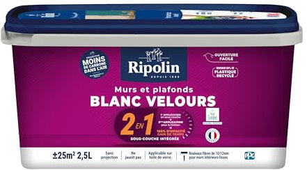 RIPOLIN - Peinture mur et plafond intérieur, 2en1 Blanc Velours 2,5L, Sans Sous-couche, Application Facile, Haut Pouvoir Couvrant, Séchage Rapide, Finition Veloutée, Idéale Pièces Sèches Et Humides