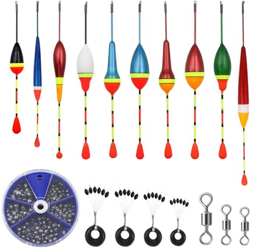 xutong Angeltackle-Set mit Bunten Posen,205 Pcs Bleischrot Angeln 10 Pcs Posen Angeln Set 4 Pcs Gummistopper Angeln 3 Pcs Wirbel Angeln, Angelzubehör für Unterschiedlich