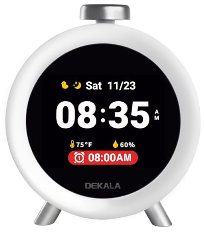 Dekala Alarm Clock with IPS Animated Display, Soothing Sleep Sounds, 4 Alarms, 7-Day Schedule, Temperature & Humidity Sensor, USB-C Powered Bedside Clock for Home & Family