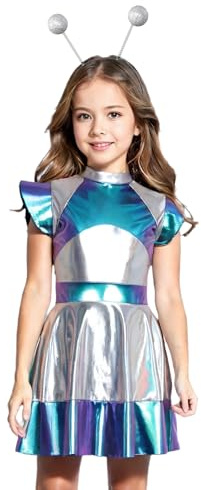 Mädchen Alien Kleid Space Girl Kleid Metallic Tanzkleid Haarreif Weltall Astronauten Kleider Karneval Fasching Performance Tanzkleid A Blau 110-116