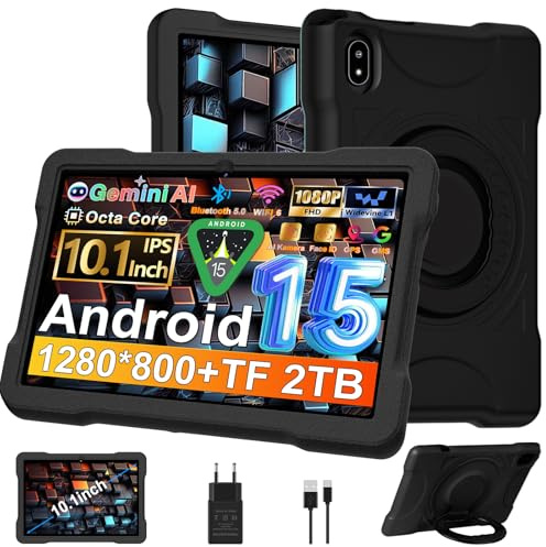 Tablet Android 15 10 Pulgadas con 30GB RAM+TF 2TB, Octa-Core 2.0Ghz/GMS,Widevine L1,5G WiFi/Bluetooth 5.0,Juegos Educativos,5MP+8MP/1280*800,Tablet 10 Pulgadas Niños con Funda EVA+360° Giratorio,Negro