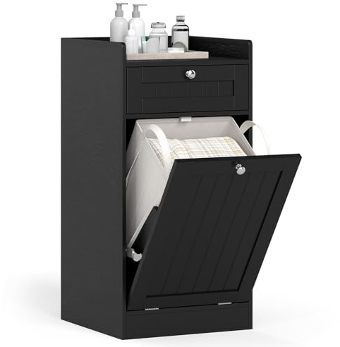 COSTWAY Laundry Cabinet, Tilt Out Laundry Hamper Bathroom Storage Cabinet with Drawer & Removable Liner Bag, Freestanding Wooden Dirty Clothes Basket Chest Organiser Unit (1 Drawer+1 Basket, Black)