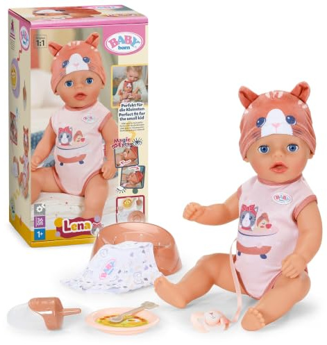 BABY Born Lena 36 cm Babypuppe im Katzen-Strampler mit 7 Funktionen | Katzen-Strampler, Zubehör inklusive, funktioniert ohne Batterien, ab 1 Jahr
