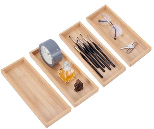 GOMAKERER 4 Stück Schubladeneinsatz Aus Bambus, 29x11x2.5cm Stapelbare Besteckkästen Rechteckig Aus Holz Zum Servieren von Snacks Und Zur Aufbewahrung von Besteck In Küche Bad Oder Büro
