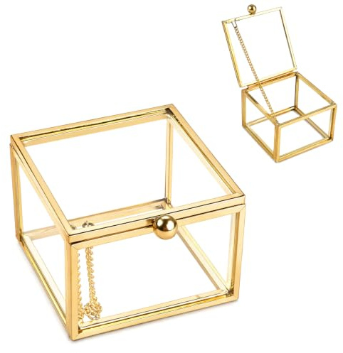 Anselm Joyero Pequeño, Caja de Cristal y Metal Geométrico Caja de Anillo Cajas para Joyas de Vidrio Transparente para Guardar y Deoración Exhibir pendientes Joyas Anillos (Cuadrado)