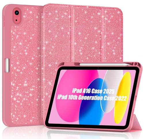Sonlaryin Glitter Case for iPad A16 11th Gen 2025/10th Gen 2022 - Pink | Slim Trifold Stand Case for iPad 11th 11/10th Gen 10.9, Soft TPU Back, Pencil Holder, Support Touch ID, Auto Wake/Sleep