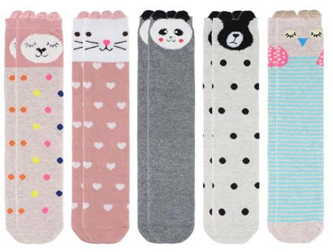 Merzio 5 Pairs Girls Knee High Socks, Soft and Comfortable Seamless Socks Kids with Cute Cartoon Pattern, Skin-friendly and Breathable Cotton Knee High Socks for Girls 3-12 Years, Colourful