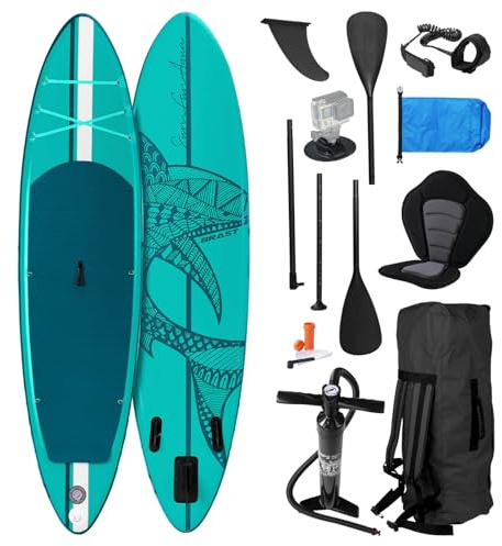 BRAST SUP Board Shark | Aufblasbares Stand up Paddle Set | 320x81x15cm | 8 Designs | 5 Jahre Garantie | inkl. Sonderzubehör | 2in1 Paddel Kajak-Sitz Action-Cam-Halterung Fußschlaufe Pumpe Rucksack