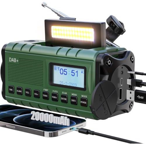 SOLARBABY Dab+/FM Radio Solaire d’Urgence, Radio à Manivelle avec 20000mAh Power Bank, Radio Solaire Dynamo avec Lampe Torche Lampe de Lecture Alarme SOS USB pour Randonnée Camping Extérieur, Vert