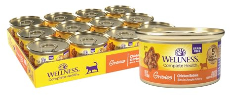 Wellness Complete Health Gravies Adult Canned Wet Cat Food, Natural, Protein Rich, Grain Free, Chicken Entrée Recipe, 3 oz, Pack of 12 Cans