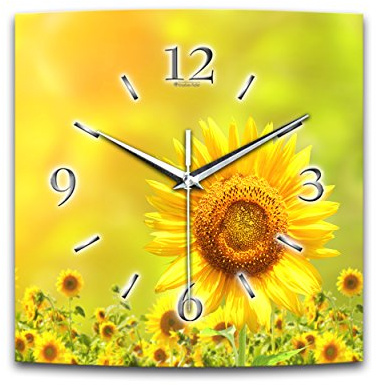 Kreative Feder Wanduhr Relax Flower Größe 30x30cm quadratisch in modernem Design mit leisem Uhrwerk wahlweise Funk oder Quarz und verschiedenen Motiven (Sonnenblume, leises Funkuhrwerk)