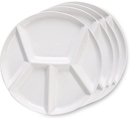 Artestia Fondue Plates Divided 5-Sections Round Ceramic Dinner Plates Set of 4, Chip & Dip Serving Trays Perfect for Serving Fondue Food, Sauces and Condiments