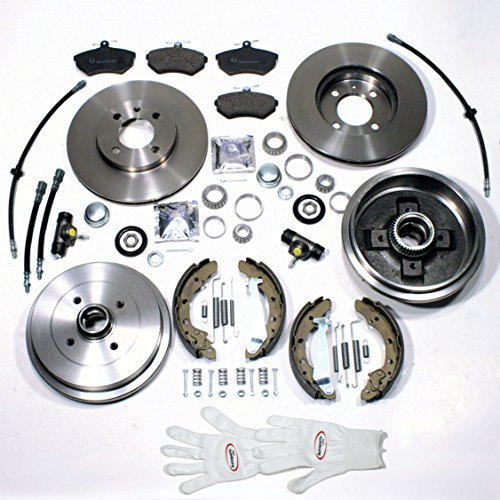 Autoparts-Online Set 60003395 Bremsscheiben belüftet + Bremsbeläge vorne + Bremstrommeln mit ABS Sensor Ringen + Bremsbacken + Radbremszylinder + Zubehör hinten + Bremsschläuche vorne + hinten