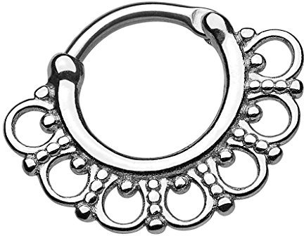 Piersando Piercing Ring für Septum Tragus Helix Ohr Nase Lippe Brust Intim Nasenpiercing Ohrpiercing Vintage Tribal mit Ornament Fächer Silber 1,2mm