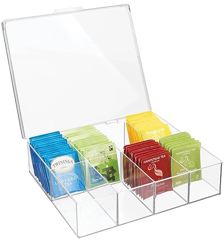 mDesign Küchen Organizer – praktischer Kasten mit Deckel für Küche und Speisekammer – Aufbewahrungsbox mit acht Fächern – ideal für Tee, Kaffee, Gewürze und andere Lebensmittel – durchsichtig