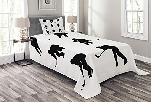 ABAKUHAUS Eishockey Tagesdecke Set, Schwarz-Spieler Silhouetten, Set mit Kissenbezug Mit Digitaldruck, für Einzelbetten 170 x 220 cm, Schwarz weiß
