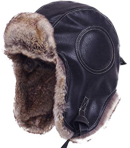 Janey&Rubbins Kaltwetter-Winterausrüstung, russische Uschanka, Kosaken-Trooper-Hut, Trapper, Jäger, Kopfbedeckung, Piloten, Flieger-Bombermütze, N – Schwarzes Leder, Large