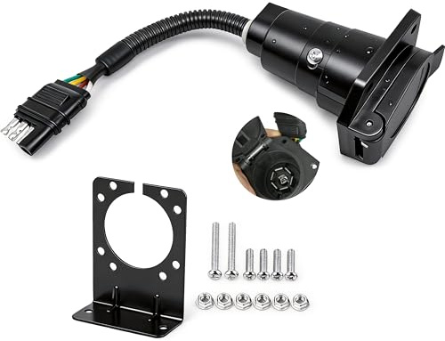 New Sun 4 Pin to 7 Pin Trailer Adapter 4 Way Flat to 7 Way Round RV Trailer Blade Socket Adapter with Mounting Bracket