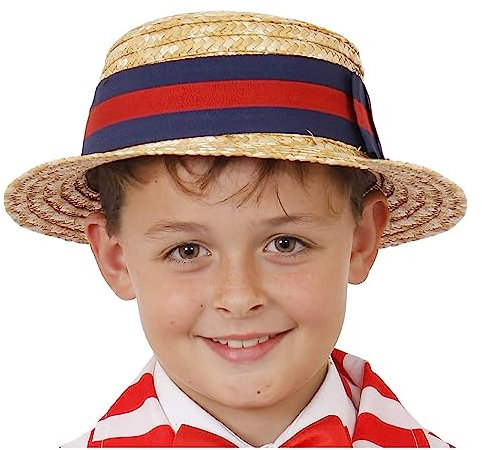 Sombrero de paja de lujo para niños, sombrero de paja con banda de rayas azules y rojas, perfecto para disfraces con temática victoriana