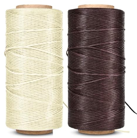 Vaxad tråd, vaxsträng 2-pack (mörkbrun + beige) belagd sladd slitstark polyester 284 Yard 1 mm 150D för armband, läderhantverk sömnad, bokbindning, gör-det-själv-hantverk