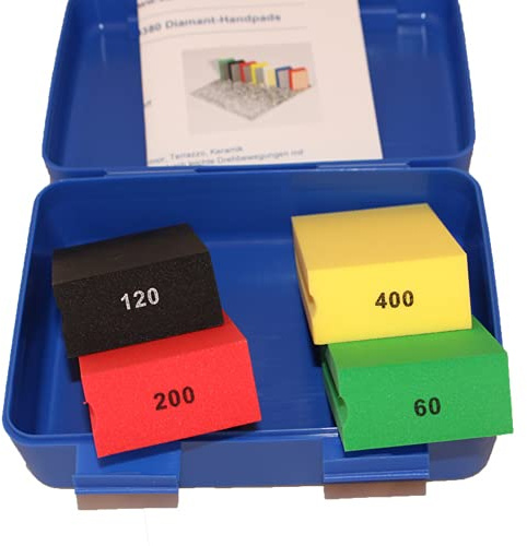 Karl Dahm Diamant-Schleifpad-Set mittelgroß I Körnung 60, 120, 200, 400 I Profi-Handschleifer-Set zum Brechen von Fliesenkanten & Schleifen von Fliesen, Naturstein, Feinsteinzeug etc. – 50289