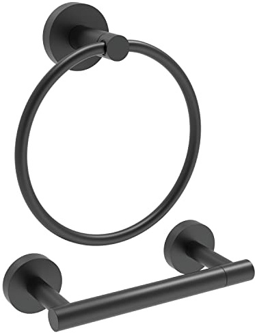 RARXTR Matte Black Toilet Paper Holder & Towel Ring SUS304 Stainless Steel 2pc Bathroom Hardware Set with Double Post Pivoting Toilet Paper Roll Holder Wall Mount & Bathroom Towel Holder Set