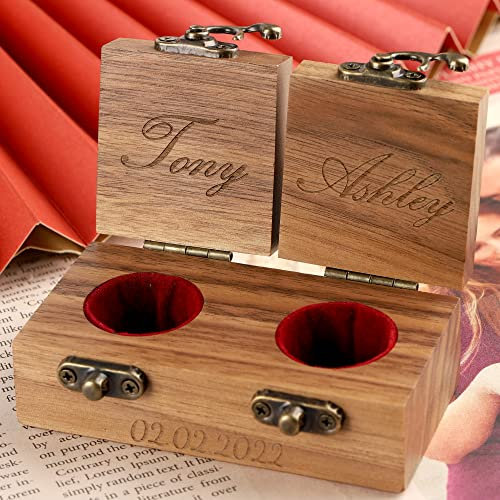 Personalisierte Hölzerne Ringbox mit Namen & Datum Graviert Individuelle Rechteckige Ehering Doppel Ringschatulle für Antrag Verlobung Geschenk 2 Ringe Schmuckschatulle Holz Ringhalter Ringetui