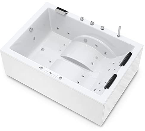 AQUADE Jacuzzi 2 Person Whirlpool Marburg LUX 180x130 mit LED Beleuchtung, Armatur Badewanne & Badekissen für Personen/Komplett Set, p-1-49597-AQ, Weiß