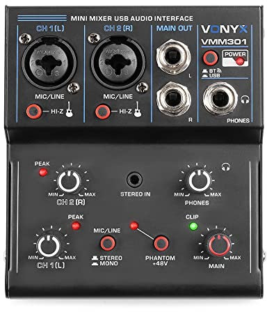 Vonyx VMM301 Mini Table de Mixage USB - 3 Canaux, Carte Son Intégrée, 2 Entrées Jack/XLR, 1 Entrée Jack, 1 Sortie Jack, 1 Sortie Casque, Alimentation Fantôme 48V, Idéal pour Animer vos Soirées