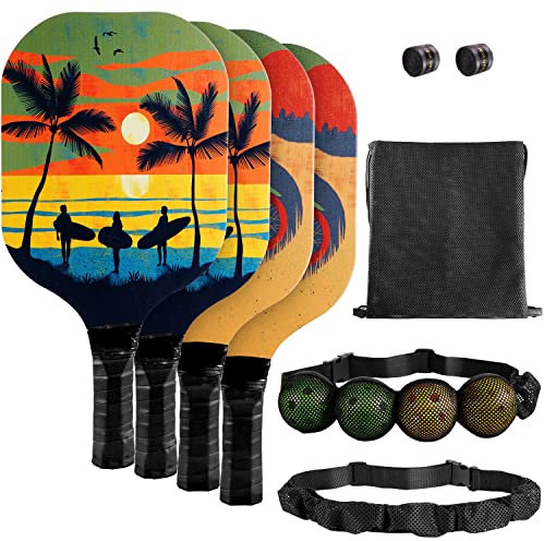 Pookal Pickleball Schläger Set, 4PCS Südwest-Stil Holzpaddel, 4 Bälle, 2 Griffbänder, 2 Gurte, Tragetasche