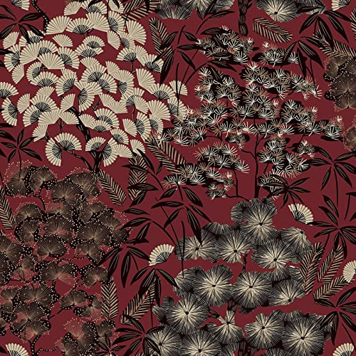 Grandeco Ciara Oriental Leaf Wallpaper - Modern Wallpaper for Living Room, Bedroom, Fireplace - Decorative Luxury Wall Paper with Oriental-Inspired Detailed Leaves (Black/Cream/Red)