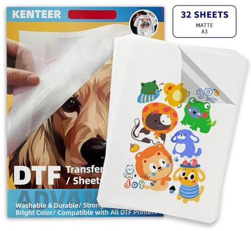 Kenteer 32 Sheets DTF Transfer Film, A3 Double-Sided Matte Clear Pretreat Sheets, PET Heat Transfer Paper for All DTF Printer,Direct Print On Tshirts Textile