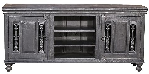 Handmade Farmhouse Style Distressed Ash Gray Finish Media Console With Grill Accents | Modern Solid Wood TV Cabinet | Farmhouse Style 32 Tall Entertainment Center | Vintage Handcarved Rustic Tv Conso